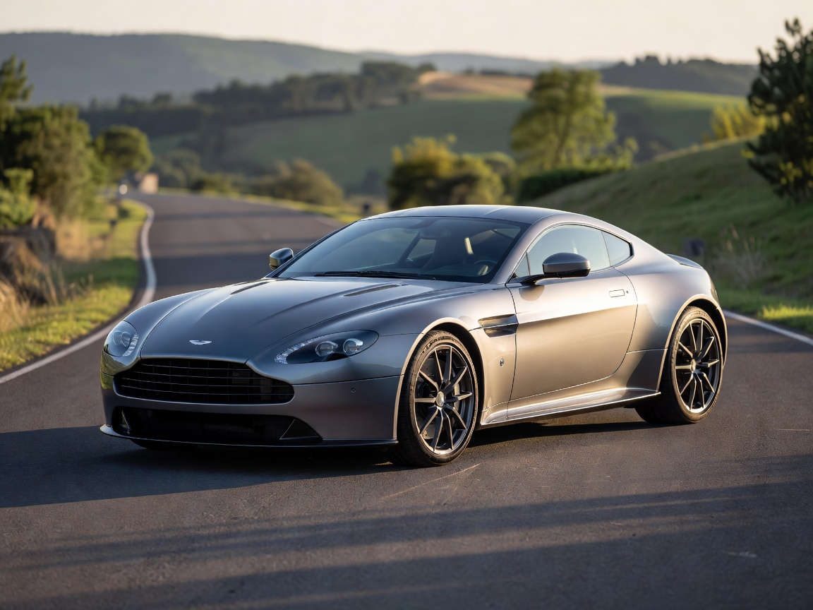 Aston Martin V8 Vantage coupe in tungsten silver parked on road