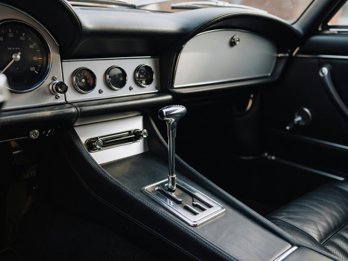 Classic silver sports car dashboard and gated manual shifter