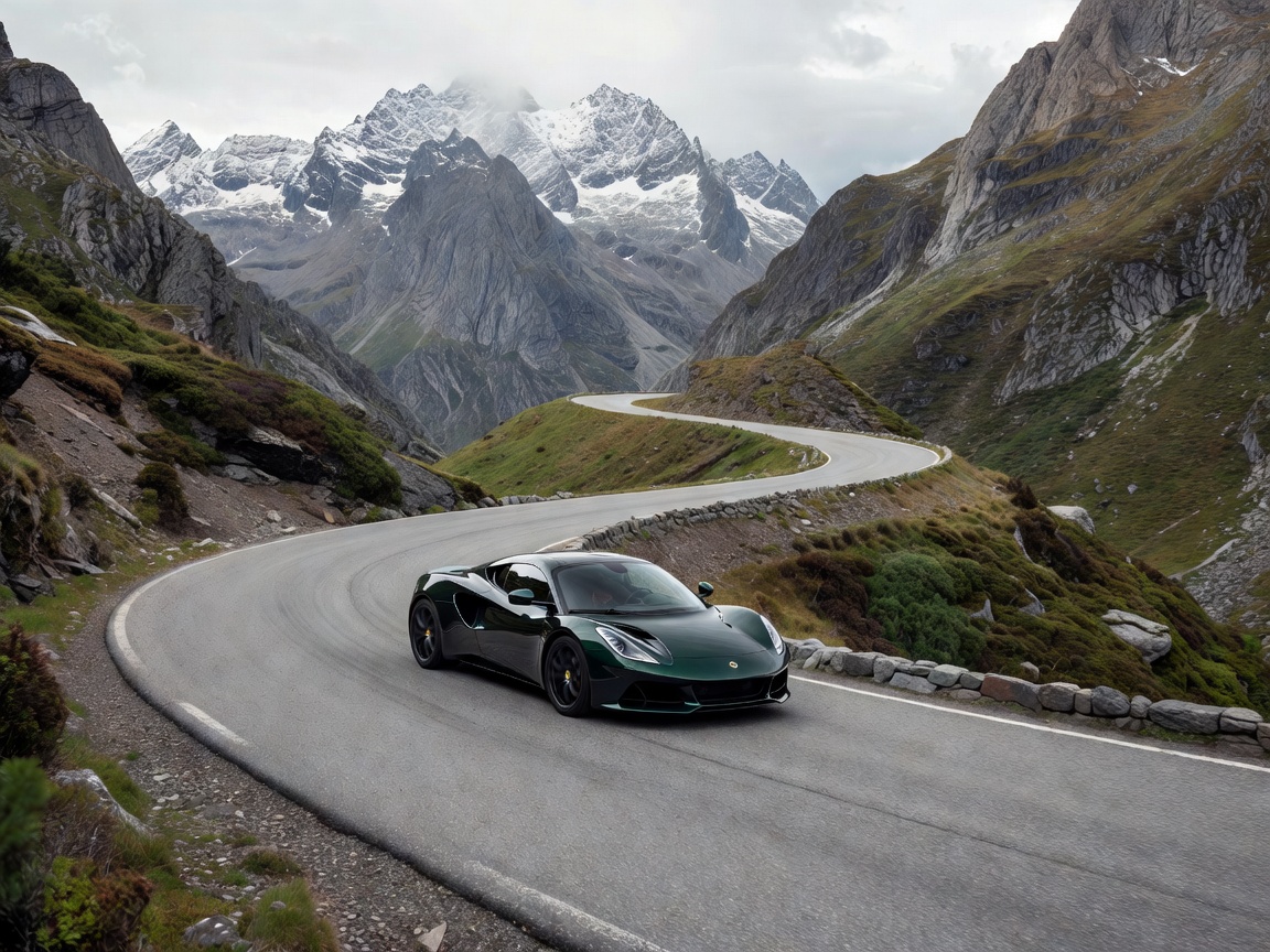 Lotus sports car driving on curvy mountain pass road