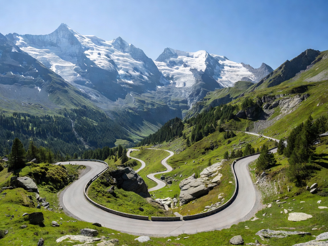 Scenic highway through the Swiss Alps mountain pass