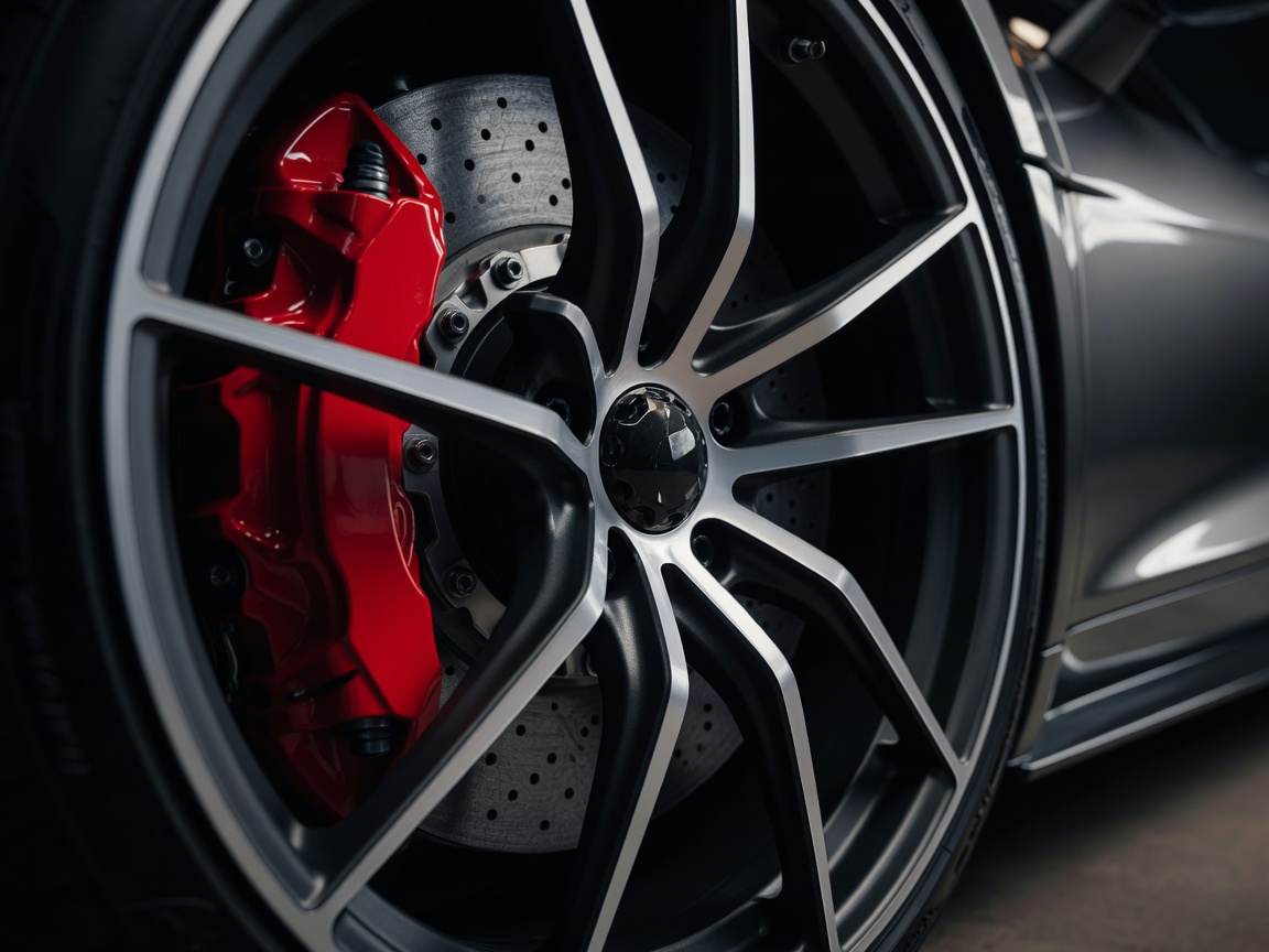 Supercar brake calipers and alloy wheels close up